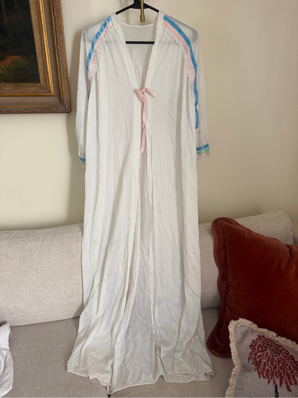 White Vintage Long Robe with Pastel Trim